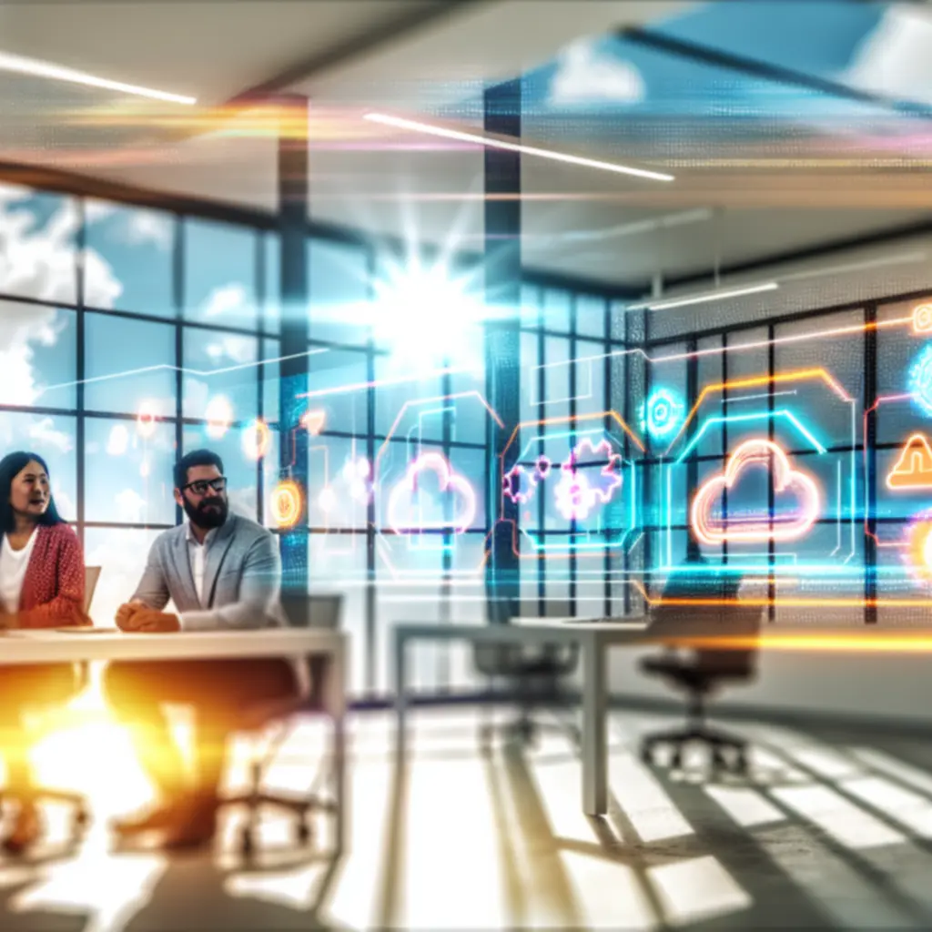Modern workspace with digital dashboards representing emerging business technologies.
