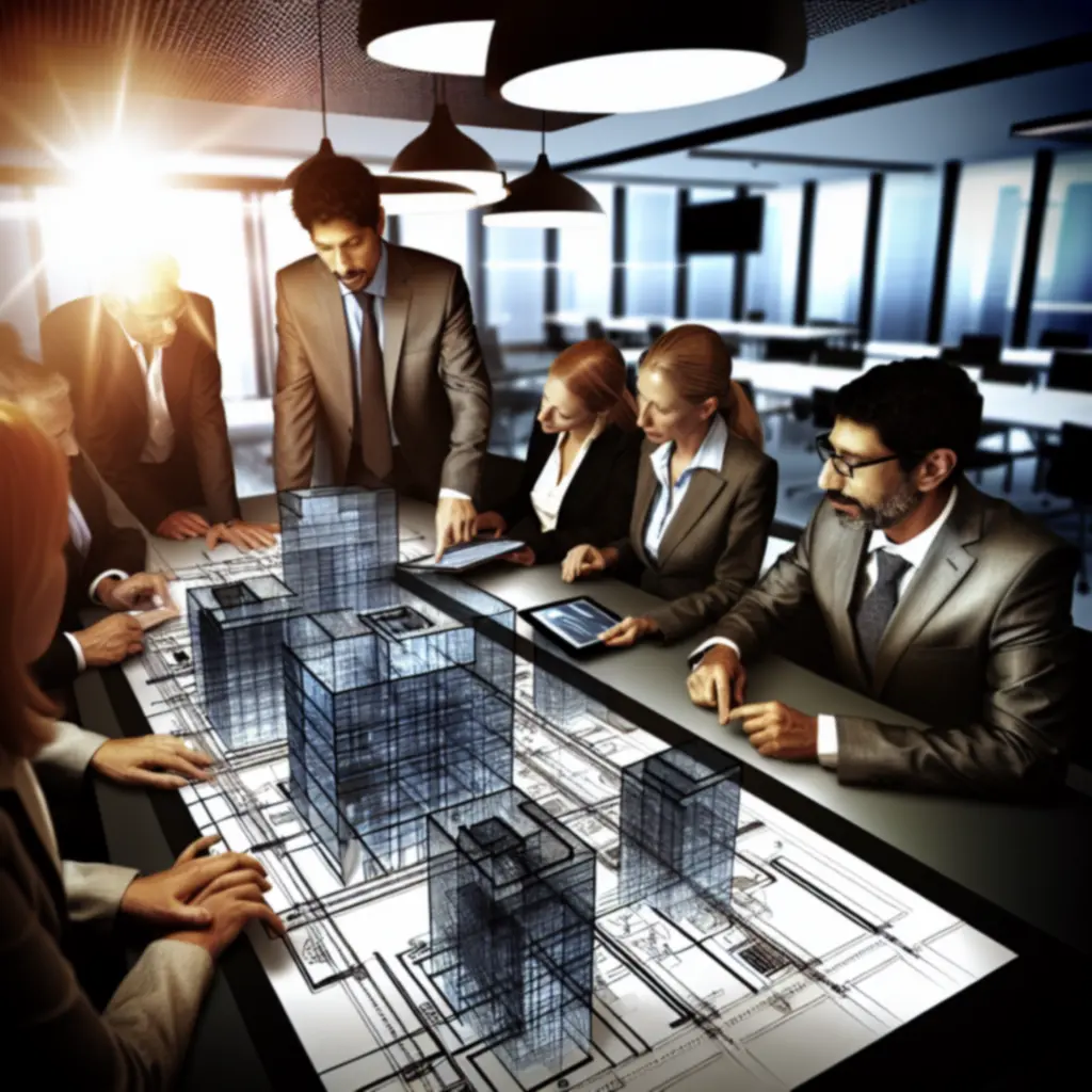 Logistics leadership and IT consultants reviewing infrastructure architecture