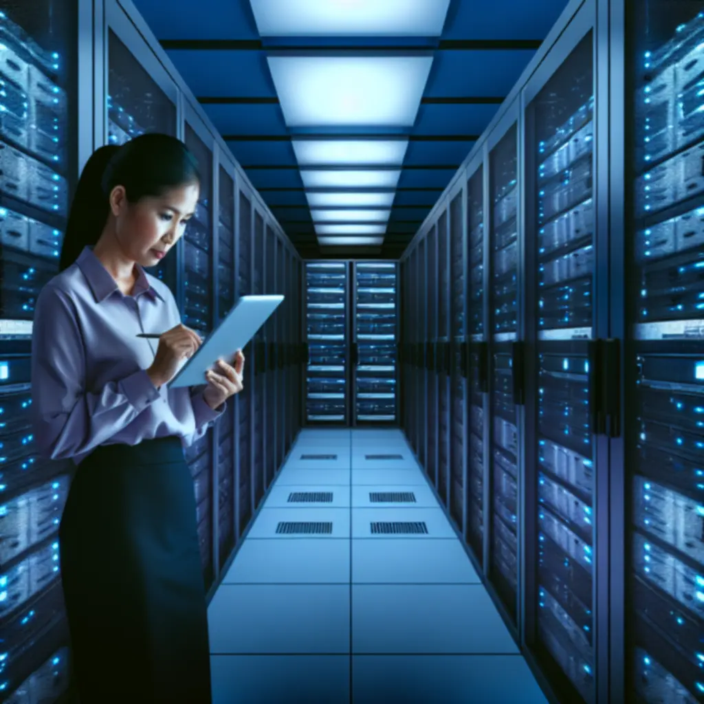 Consultant reviewing performance metrics in a modern server environment